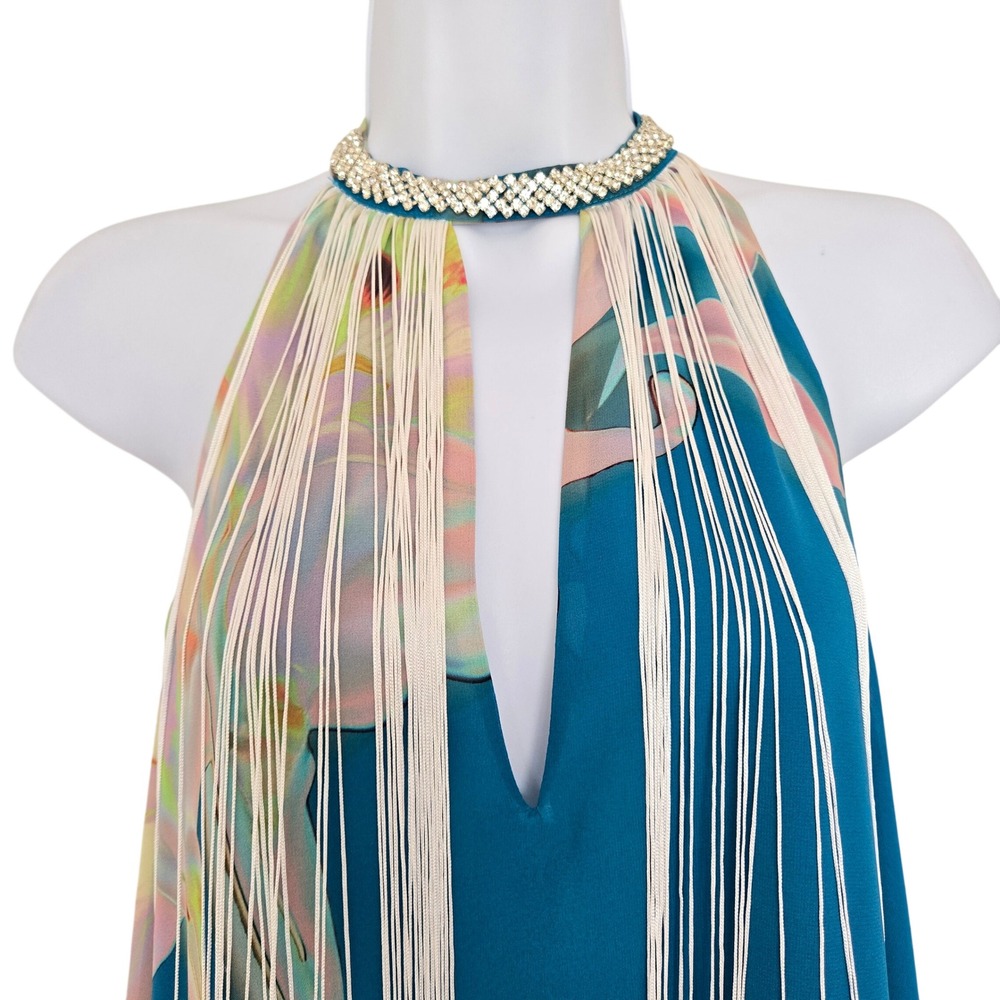 Cupshe Blue Floral Chiffon Fringe Halter Dress Size S Boho Resort Party Cocktail - Picture 3 of 9